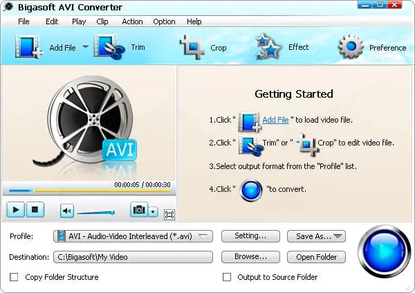 Bigasoft AVI Converter Screenshot 1