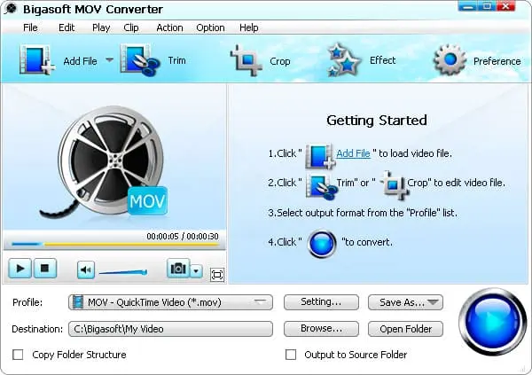 Bigasoft MOV Converter Screenshot 1