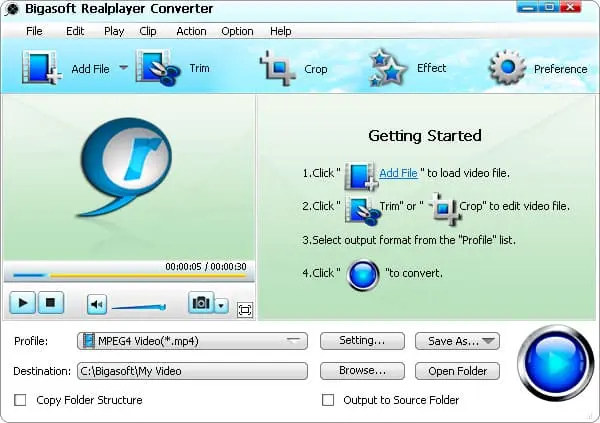 Bigasoft RealPlayer Converter Screenshot 1
