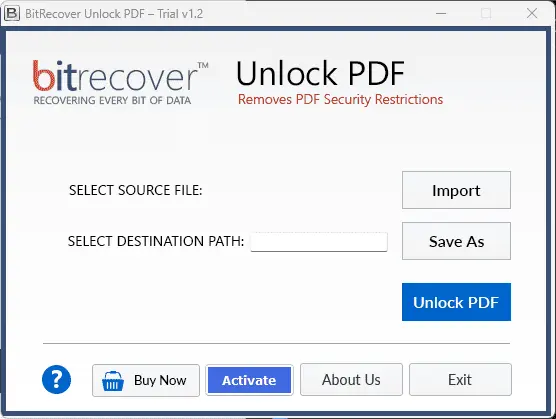 Bit Recover Unlock PDF Wizard Screenshot 1
